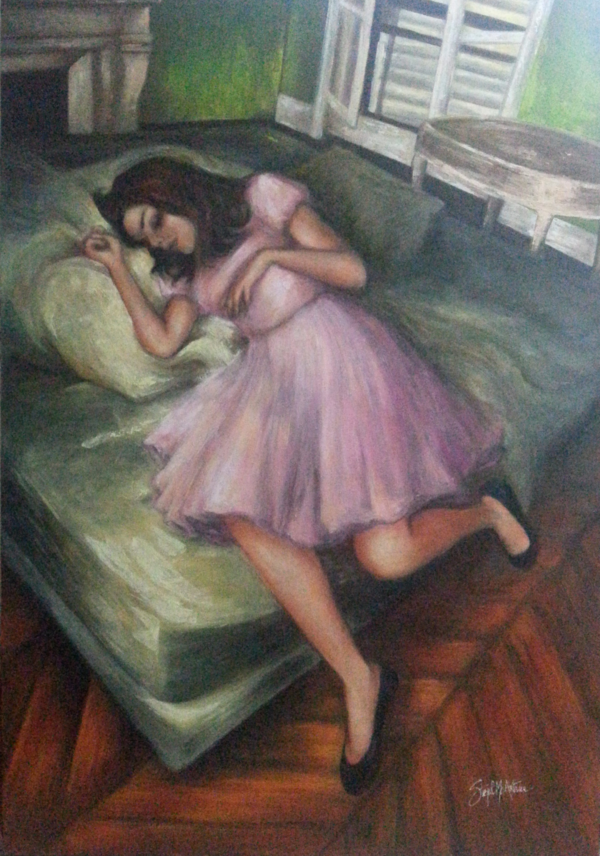 Jeune fille à la robe rose. oil on canvas. 164x113cm