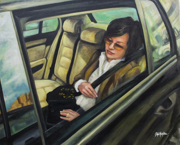 Femme dans un taxi . mixed technique on canvas. 100x80cm