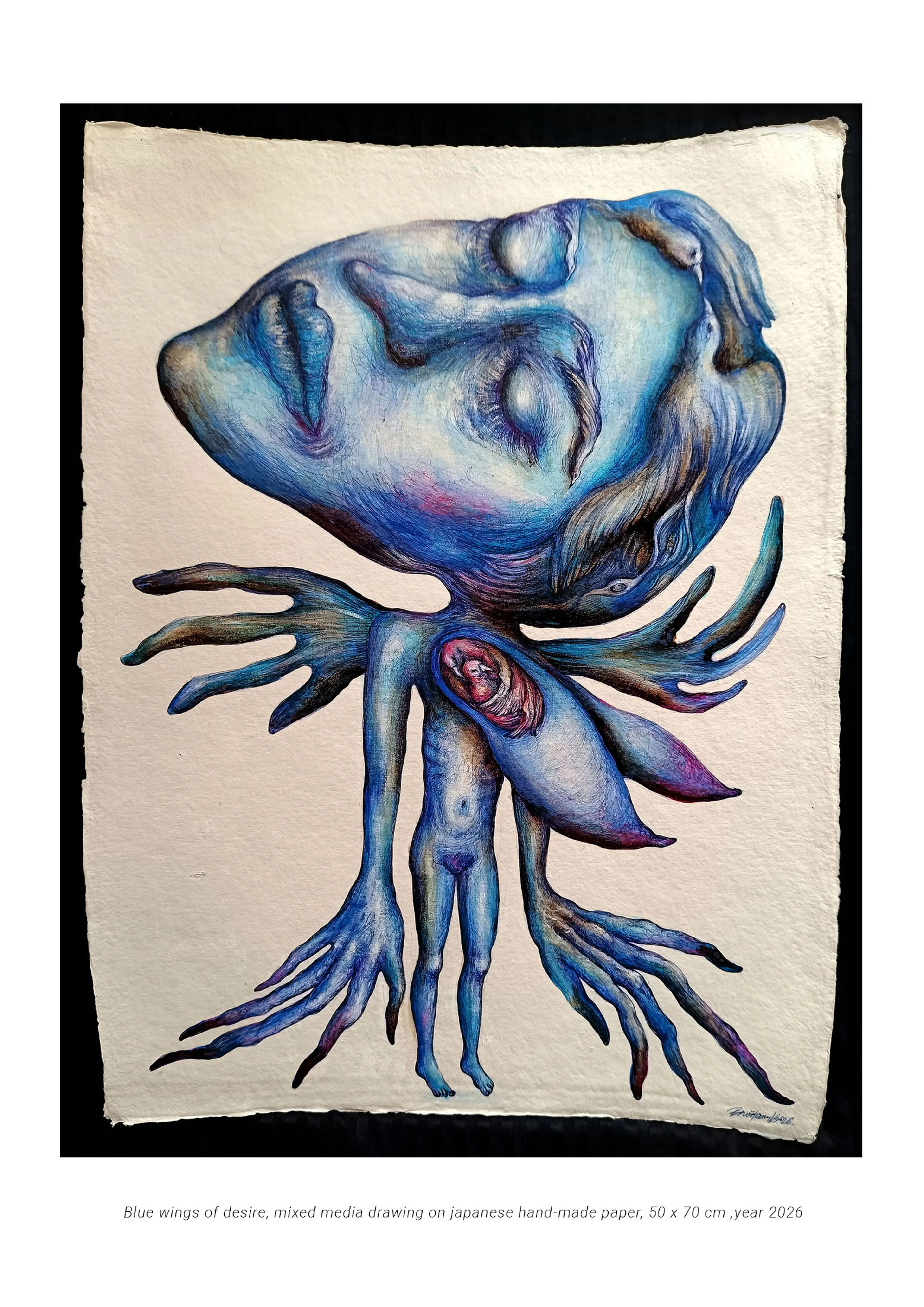 BLUE WINGS OF DESIRE / mixed media drawing