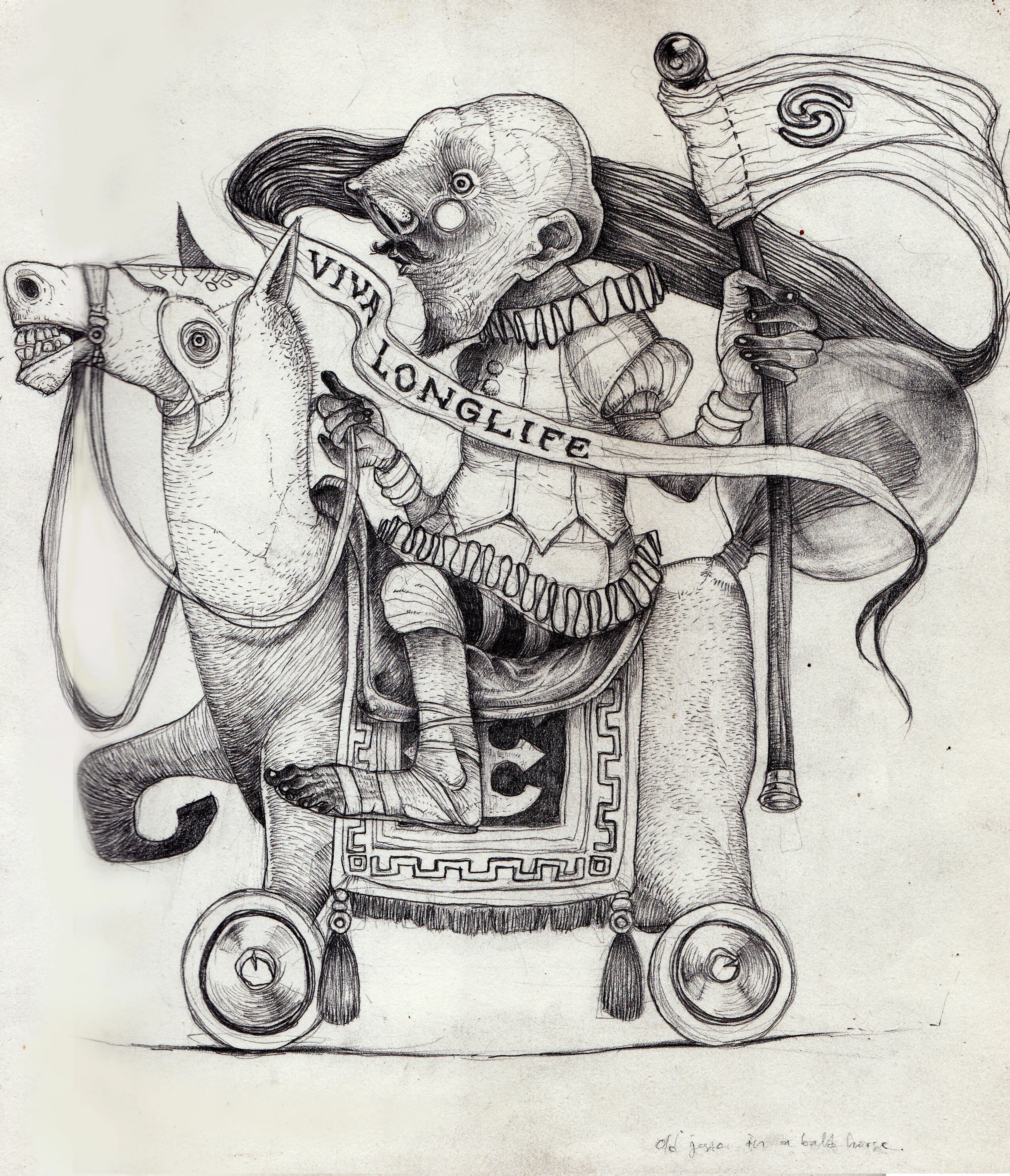 old jester in a bald horse